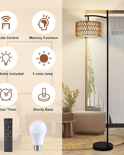 Rattan Floor Lamps for Living Room, Boho Standing Lamp with Remote Control, Arc Floor Lamp Dimmable with Rattan& Linen Double Shades, Wicker Floor Lamp for Bedroom, Office - LeafyLoom