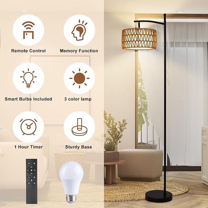 Rattan Floor Lamps for Living Room, Boho Standing Lamp with Remote Control, Arc Floor Lamp Dimmable with Rattan& Linen Double Shades, Wicker Floor Lamp for Bedroom, Office - LeafyLoom