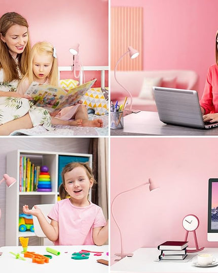 Pink Small Desk Lamp Clip on Reading Light for Bed 3 Colors 10 Brightness Dimmable Flexible Gooseneck Clip on Light for Bed Headboard College Dorm Room - LeafyLoom