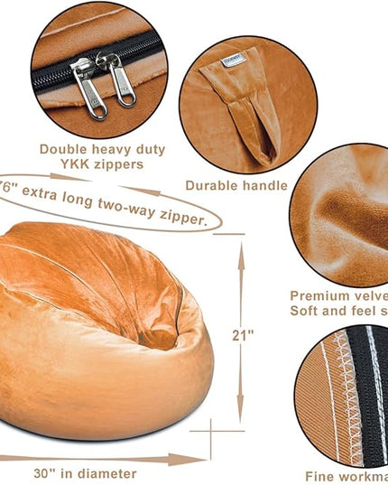 Bean Bag Chair Cover, Stuffed Animal Storage, Plush Toys Organizer Holder, Beanbag Chairs Cover for Kids Teans and Adults Super Soft and Comfortable Fabric X-Large with Handle and Zipper - Round Brown - LeafyLoom