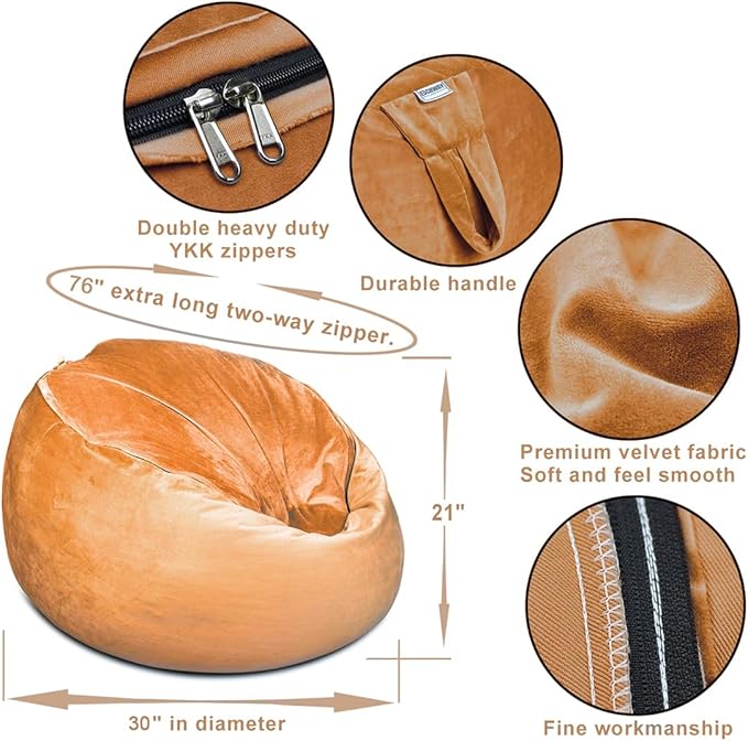 Bean Bag Chair Cover, Stuffed Animal Storage, Plush Toys Organizer Holder, Beanbag Chairs Cover for Kids Teans and Adults Super Soft and Comfortable Fabric X-Large with Handle and Zipper - Round Brown - LeafyLoom
