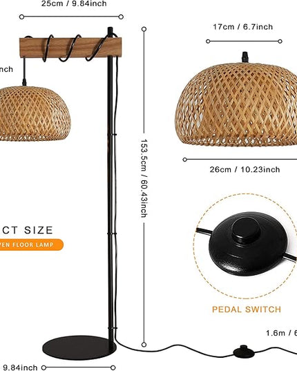 Industrial Tall Floor Lamp for Living Room Bamboo Lampshade, Black Lights Fixtures with Cord On/Off Switch E26 Base Industrial Modern Wire Wood Decoration Standing Lamp for Bedroom (No Bulb) - LeafyLoom