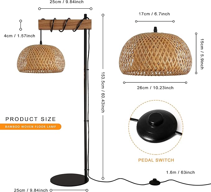 Industrial Tall Floor Lamp for Living Room Bamboo Lampshade, Black Lights Fixtures with Cord On/Off Switch E26 Base Industrial Modern Wire Wood Decoration Standing Lamp for Bedroom (No Bulb) - LeafyLoom