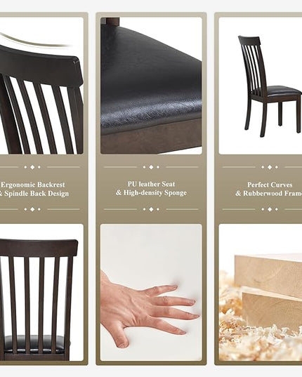 COLAMY Wooden Dining Chairs Set of 2, PU Leather Dining Room Kitchen Side Chair with Spindle High Back and Adjustable Foot Pegs - DarkBrown - LeafyLoom