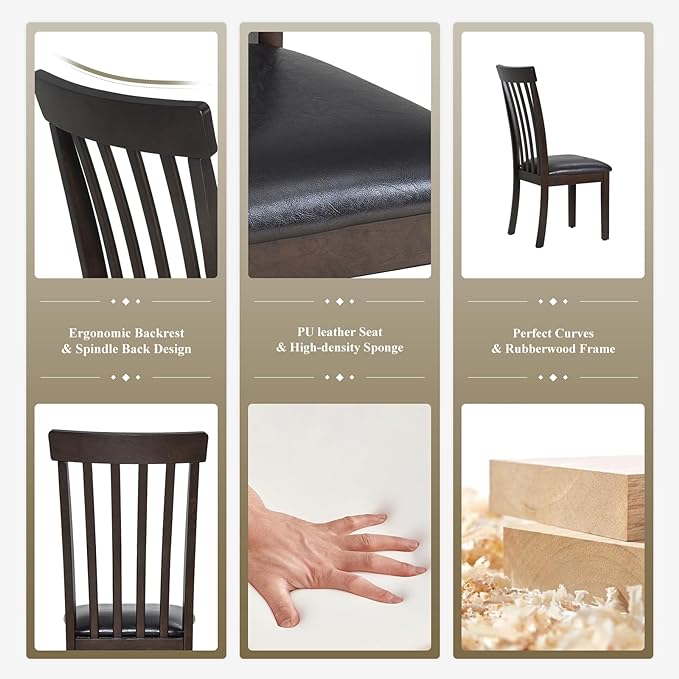 COLAMY Wooden Dining Chairs Set of 4, PU Leather Dining Room Kitchen Side Chair with Spindle High Back and Adjustable Foot Pegs - DarkBrown - LeafyLoom