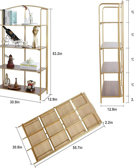 No Assembly Folding Bookshelf, 4 Tier Gold Bookshelf, Metal Book Shelf for Storage, Folding Bookcase for Office Organization and Storage, 12.87" D x 30.9" W x 55.71" H - LeafyLoom