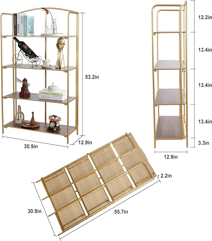 No Assembly Folding Bookshelf, 4 Tier Gold Bookshelf, Metal Book Shelf for Storage, Folding Bookcase for Office Organization and Storage, 12.87" D x 30.9" W x 55.71" H - LeafyLoom