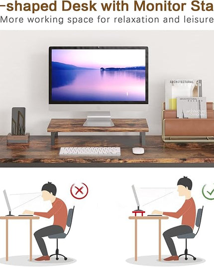 Computer Desk, L Shaped Desk with Large Desktop, Corner Desk with Monitor Stand PC Laptop Table Computer Workstation for Home Office (Rustic Brown) - LeafyLoom