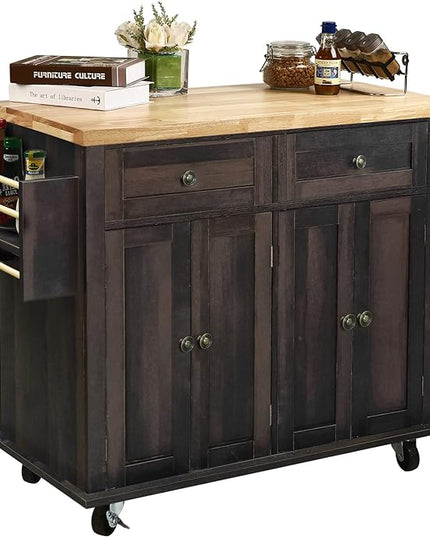 NSdirect Kitchen Island Cart,Kitchen Bar&Serving Cart Rolling on Wheels with Spice Rack Towel Holder Utility Storage Trolley with Storage Drawers for Home Hotel Kitchen Dinning Room (Dark Brown) - LeafyLoom