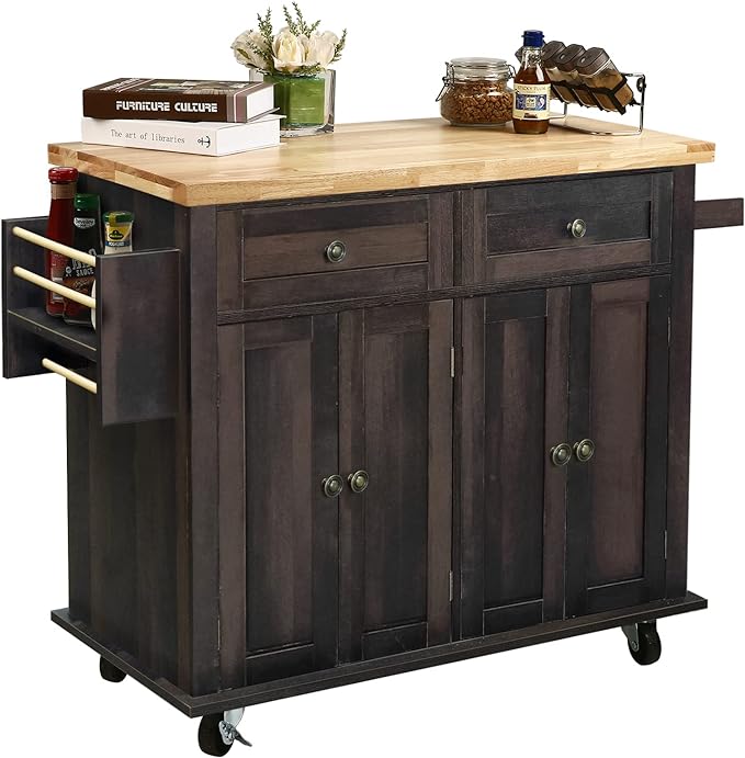 NSdirect Kitchen Island Cart,Kitchen Bar&Serving Cart Rolling on Wheels with Spice Rack Towel Holder Utility Storage Trolley with Storage Drawers for Home Hotel Kitchen Dinning Room (Dark Brown) - LeafyLoom