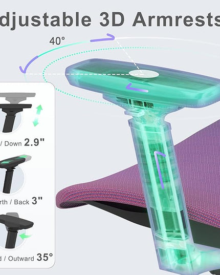 Ergonomic Mesh Office Chair, Gradient Purple Desk Chair with 3D Armrests, Adaptive Thoracic Support, 3D Lumbar Support & Adjustable Headrest, high Back Home Swivel Computer Chair with Tilt Function - LeafyLoom