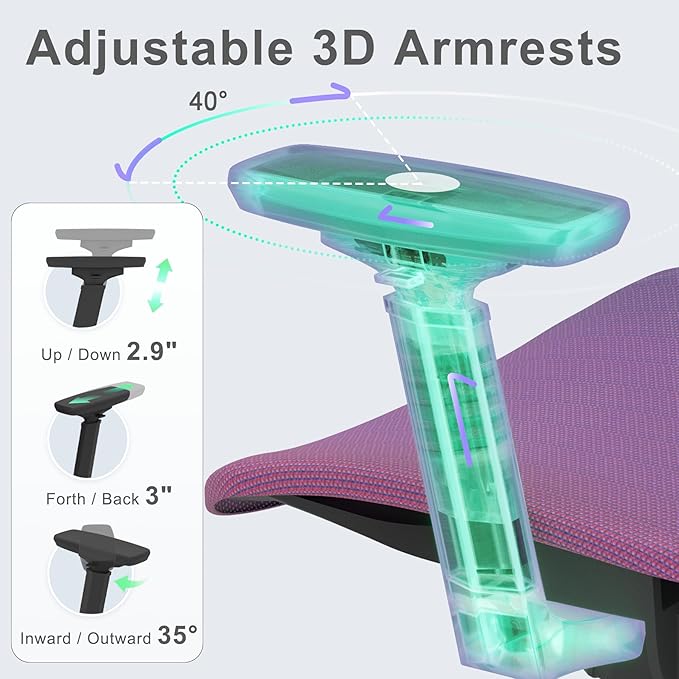 Ergonomic Mesh Office Chair, Gradient Purple Desk Chair with 3D Armrests, Adaptive Thoracic Support, 3D Lumbar Support & Adjustable Headrest, high Back Home Swivel Computer Chair with Tilt Function - LeafyLoom