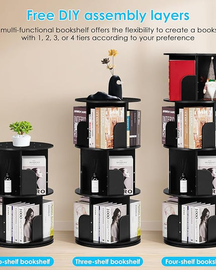 4 Tier Rotating Bookshelf kids, Small Corner Bookshelf for Small Space, 360 Display Floor Standing Bookcase Storage Rack, Wood Narrow Book Shelf Organizer for Home Office,Bedroom, Living Room - LeafyLoom