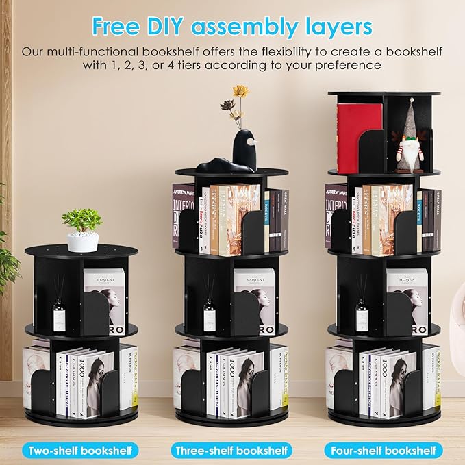 4 Tier Rotating Bookshelf kids, Small Corner Bookshelf for Small Space, 360 Display Floor Standing Bookcase Storage Rack, Wood Narrow Book Shelf Organizer for Home Office,Bedroom, Living Room - LeafyLoom