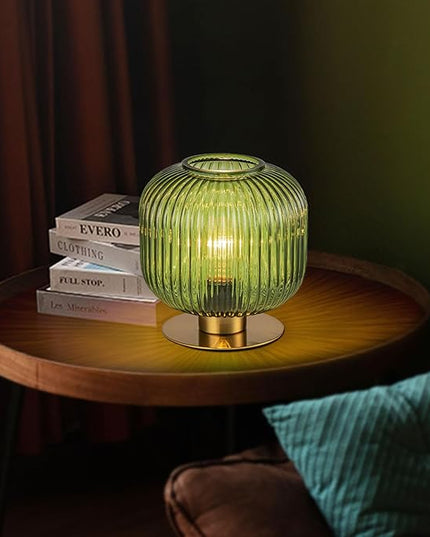 Small Table Lamp Elegant Green Glass Bedside Lamp with Ribbed Glass Shade Decorative End Table Lamp for Bedroom Tabletop Corner Shelf (Green) - LeafyLoom