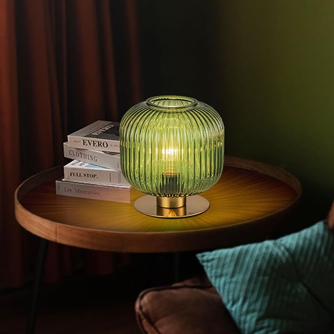 Small Table Lamp Elegant Green Glass Bedside Lamp with Ribbed Glass Shade Decorative End Table Lamp for Bedroom Tabletop Corner Shelf (Green) - LeafyLoom