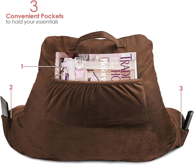 Clara Clark Reading Pillow, Standard Back Pillow for Sitting Up in Bed, Memory Foam Back Support Pillow, Reading Pillows for Sitting in Bed, Chocolate Brown Sit Up Pillow, Arm Pillow with Pockets - LeafyLoom