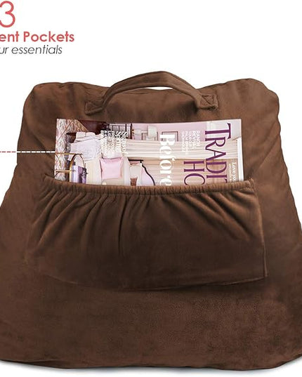 Clara Clark Reading Pillow for Kids, Small Back Pillow for Sitting Up in Bed, Memory Foam Back Support Pillow, Reading Pillows for Sitting in Bed, Chocolate Brown Gaming Pillow with Arms and Pockets - LeafyLoom