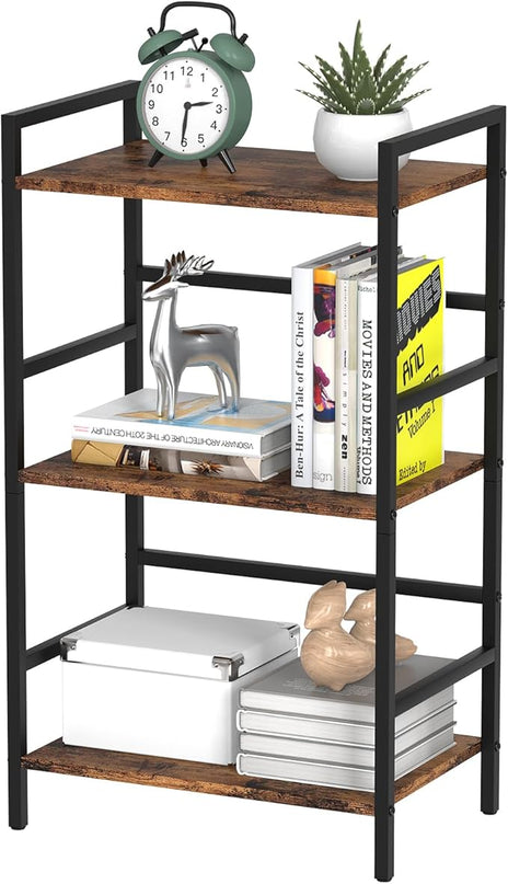 DOMYDEVM Small Bookshelf with Storage Organizer Shelf 3-Tier Wood Book Shelves with Metal Frame for Home Office, Bedroom, Living Room, Rustic Brown Bookshelf - LeafyLoom