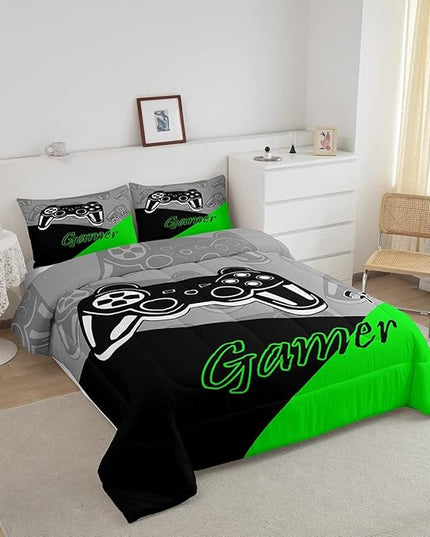 Feelyou Gamer Comforter Set Gaming Bedding Set for Teens Boys Video Game Decor Comforter Game Controller Quilted Duvet Set 1 Comforter with 2 Pillowcases Queen Green - LeafyLoom