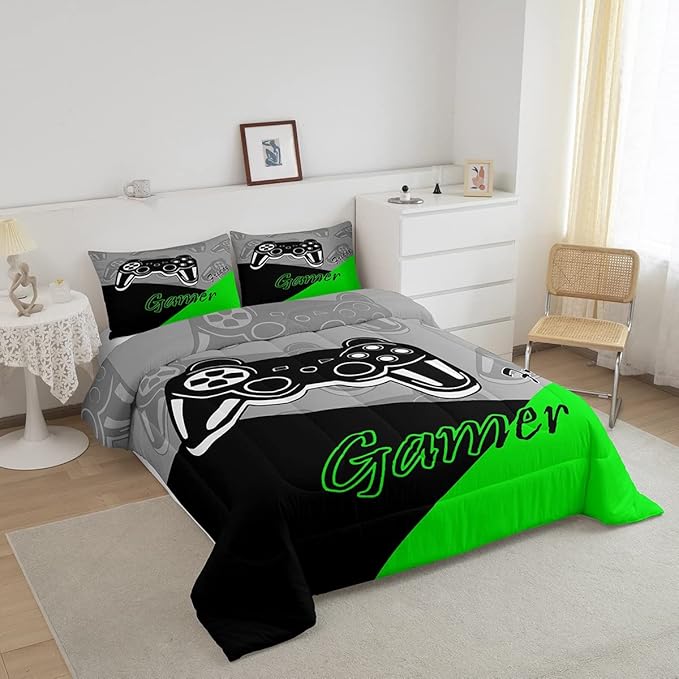 Feelyou Gamer Comforter Set Gaming Bedding Set for Teens Boys Video Game Decor Comforter Game Controller Quilted Duvet Set 1 Comforter with 2 Pillowcases King Green - LeafyLoom