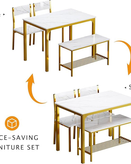 sogesfurniture Modern 4-Piece Kitchen Dining Table Set with 1 Bench and 2 Chairs, Kitchen Bench Table Set for 4, Wooden Kitchen Table and Chairs for Limited Space,Gold - LeafyLoom