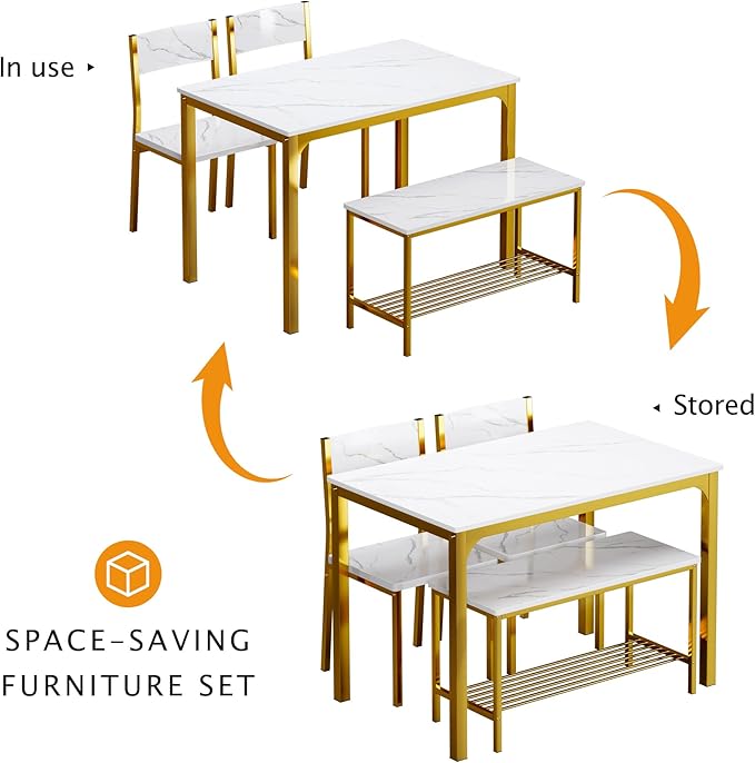 sogesfurniture Modern 4-Piece Kitchen Dining Table Set with 1 Bench and 2 Chairs, Kitchen Bench Table Set for 4, Wooden Kitchen Table and Chairs for Limited Space,Gold - LeafyLoom
