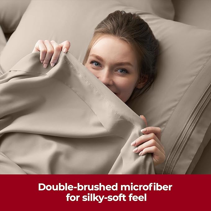 Mellanni Extra Deep Twin XL Sheets - 3 PC Iconic Collection Bedding Sheets & Pillowcases - Hotel Luxury, Ultra Soft, Cooling Bed Sheets - Extra Deep Pocket up to 21 inch (Twin Extra Long, Tan) - LeafyLoom