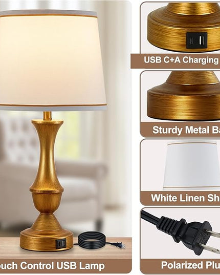 Table Lamps for Bedrooms Set of 2, Gold Bedside Lamps with USB C+A Ports, 3 Way Dimmable Nightstand Lamps with Fabric Lampshade, Touch Table Lamp for Living Room Bedroom Office, Bulbs Included - LeafyLoom