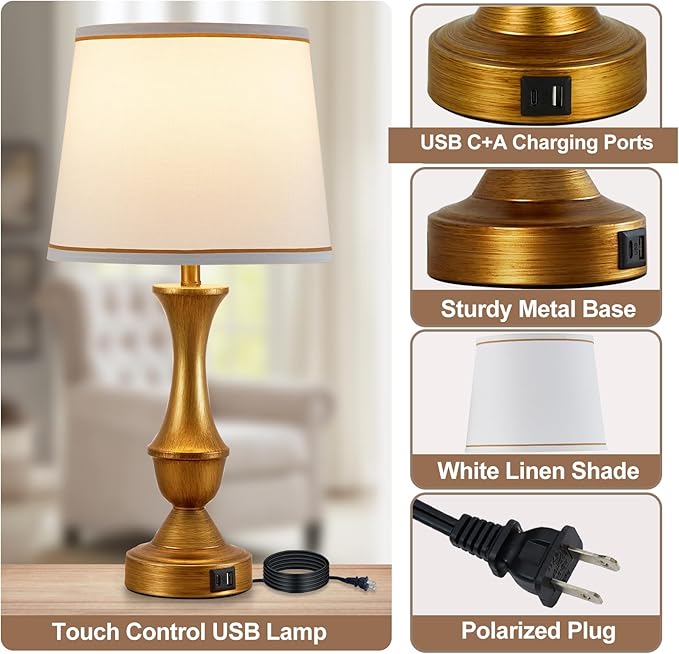 Table Lamps for Bedrooms Set of 2, Gold Bedside Lamps with USB C+A Ports, 3 Way Dimmable Nightstand Lamps with Fabric Lampshade, Touch Table Lamp for Living Room Bedroom Office, Bulbs Included - LeafyLoom
