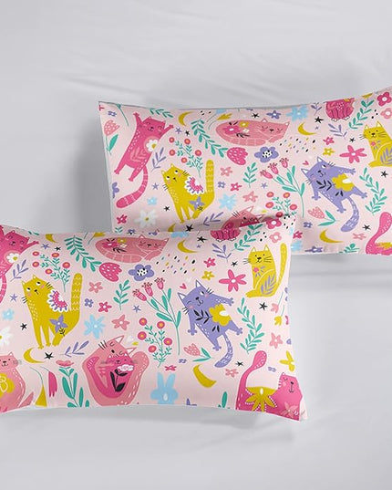 Floral Cat Comforter Queen Size,Pink Cat Comforter Set for Kids Teens Girls,3Pcs Bedding Set Printed Comforter with 2 Pillowcases,Down Alternative,Soft and Lightweight(Pink，Queen Size) - LeafyLoom