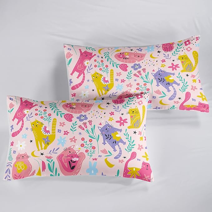 Floral Cat Comforter Queen Size,Pink Cat Comforter Set for Kids Teens Girls,3Pcs Bedding Set Printed Comforter with 2 Pillowcases,Down Alternative,Soft and Lightweight(Pink，Queen Size) - LeafyLoom