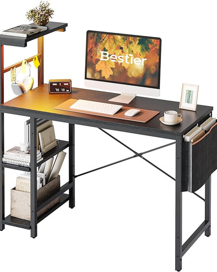 Bestier Gaming Desk with LED Lights, 44 Inch PC Gamer Desk for Small Spaces, Computer Desk with Reversible Storage Shelves & Side Storage Bag (Black Grained) - LeafyLoom