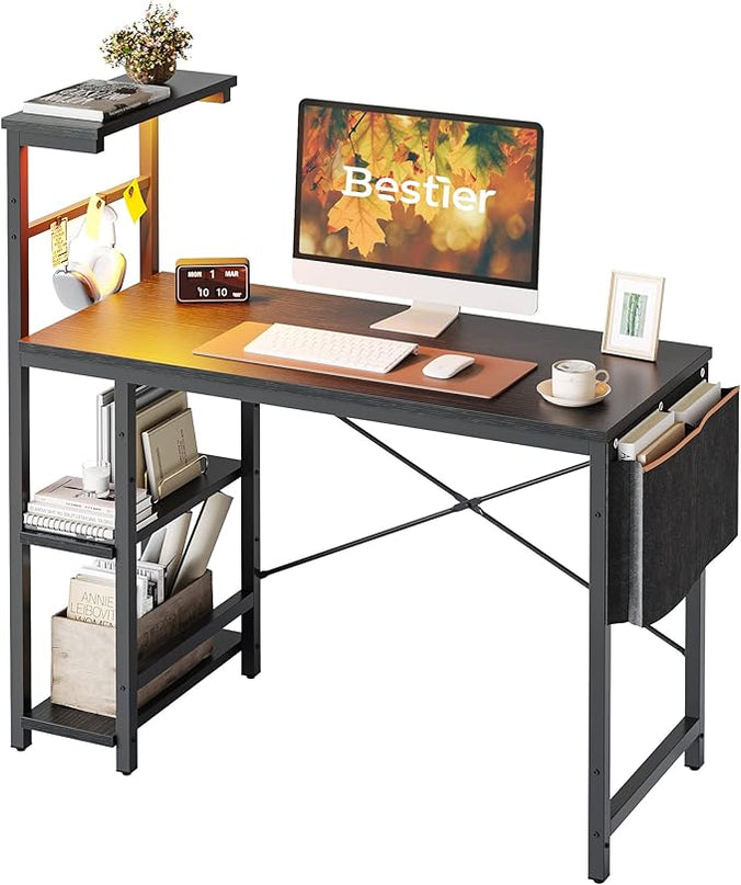 Bestier Gaming Desk with LED Lights, 44 Inch PC Gamer Desk for Small Spaces, Computer Desk with Reversible Storage Shelves & Side Storage Bag (Black Grained) - LeafyLoom