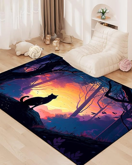 Magic Black Cat Rug - Moon Cat Rug for Girls Room Forestscape Cat Area Rug Black Cat Door Mat Colorful Rug with Black Cat Pattern, 4x5 Feet - LeafyLoom