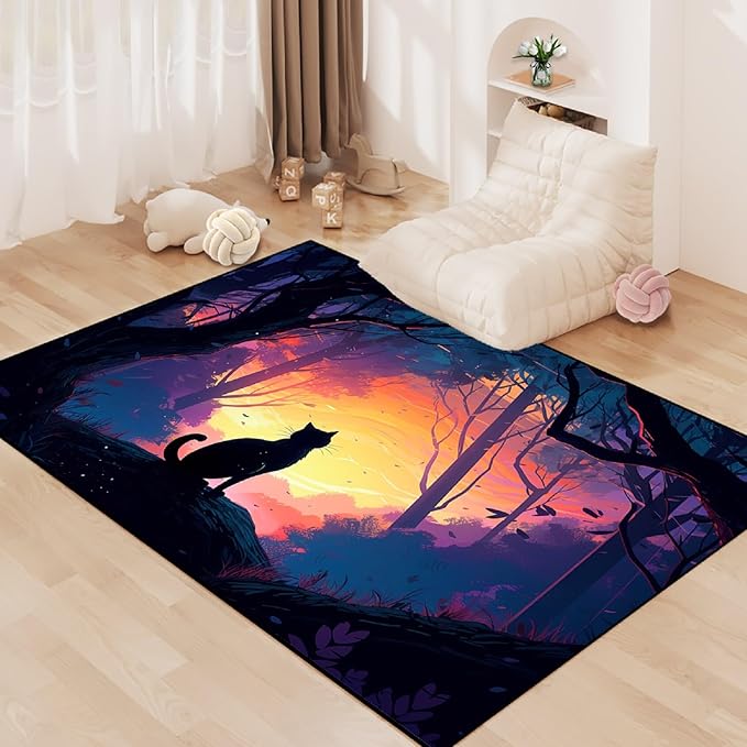 Magic Black Cat Rug - Moon Cat Rug for Girls Room Forestscape Cat Area Rug Black Cat Door Mat Colorful Rug with Black Cat Pattern, 5x7 Feet - LeafyLoom
