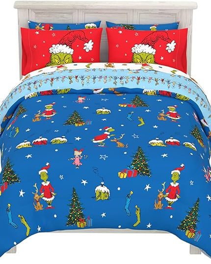 Franco Grinch by Dr. Seuss Holiday & Christmas Bedding Super Soft Comforter and Sheet Set with Sham, 7 Piece Full Size (Official Dr. Seuss product) - LeafyLoom