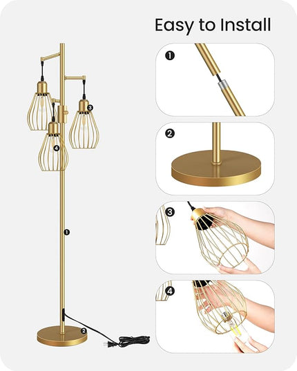 Farmhouse Dimmable Floor Lamp, Industrial Tall Standing Tree Lamp with 3 Elegant Teardrop Cage Heads, 4W 3 LED Bulbs Included, Rustic Standing Lamp for Living Room, Bedroom, Gold D02LD05 - LeafyLoom