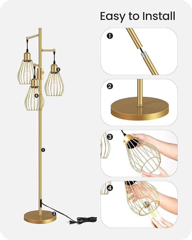 Farmhouse Dimmable Floor Lamp, Industrial Tall Standing Tree Lamp with 3 Elegant Teardrop Cage Heads, 4W 3 LED Bulbs Included, Rustic Standing Lamp for Living Room, Bedroom, Gold D02LD05 - LeafyLoom