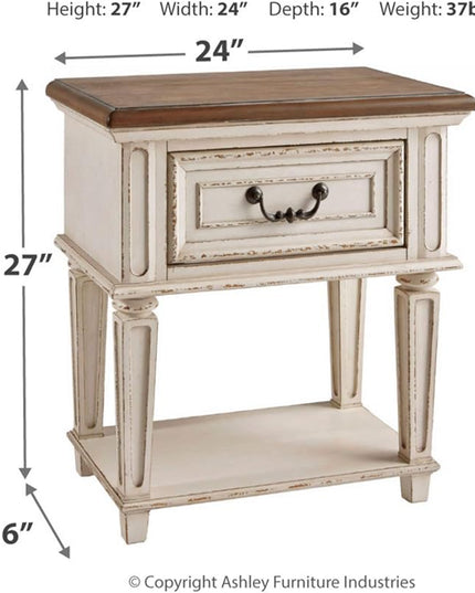 Signature Design by Ashley Realyn Traditional Cottage 1 Drawer Nightstand with Dovetail Construction & Open Display Shelf, Chipped White, Distressed Brown - LeafyLoom