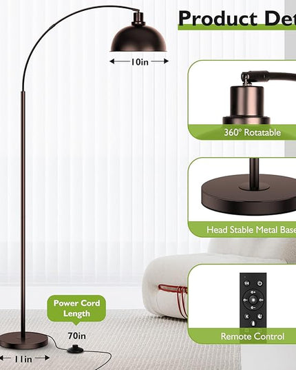 Arc Floor Lamps for Living Room,Modern Tall Standing Lamp Remote Control,Stepless Dimmable Bronze Floor Lamp with Hanging Dome Shade,Over Couch Arched Reading Lamp for Bedroom, Office (Bulb Included) - LeafyLoom