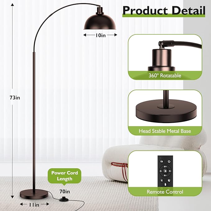 Arc Floor Lamps for Living Room,Modern Tall Standing Lamp Remote Control,Stepless Dimmable Bronze Floor Lamp with Hanging Dome Shade,Over Couch Arched Reading Lamp for Bedroom, Office (Bulb Included) - LeafyLoom