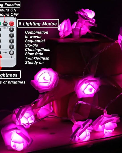 30 LED Pink Lights Valentines Day Decorations, Valentines Day Gifts 10.3Ft 8 Modes Rose Lights String Battery Operated with Remote Flower Lights for Bedroom Wedding Party Mothers Day Christmas Decor - LeafyLoom