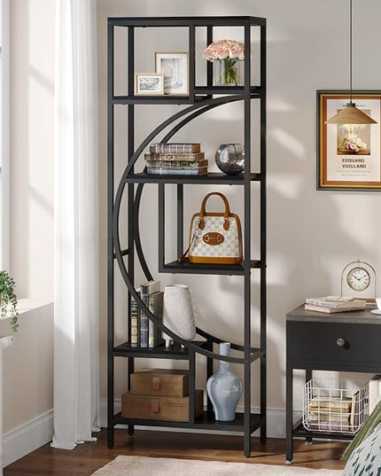 Bookshelf, 70.9” Wood Bookcases Open Shelves with Metal Frame, 7 Tier Tall Book Shelf, Freestanding Display Rack Storage Shelving Unit for Bedroom, Living Room, Easy Assembly (Black) - LeafyLoom