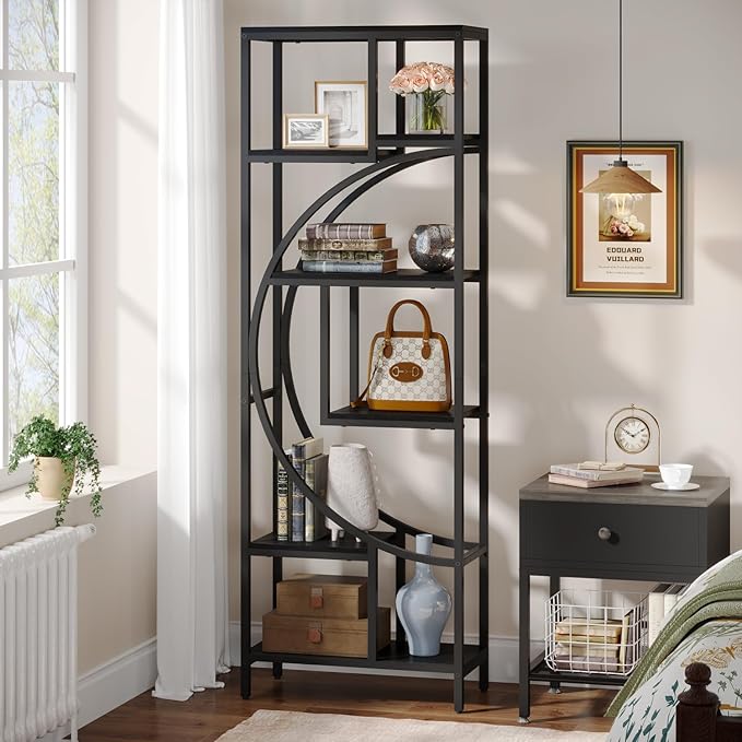 Bookshelf, 70.9” Wood Bookcases Open Shelves with Metal Frame, 7 Tier Tall Book Shelf, Freestanding Display Rack Storage Shelving Unit for Bedroom, Living Room, Easy Assembly (Black) - LeafyLoom