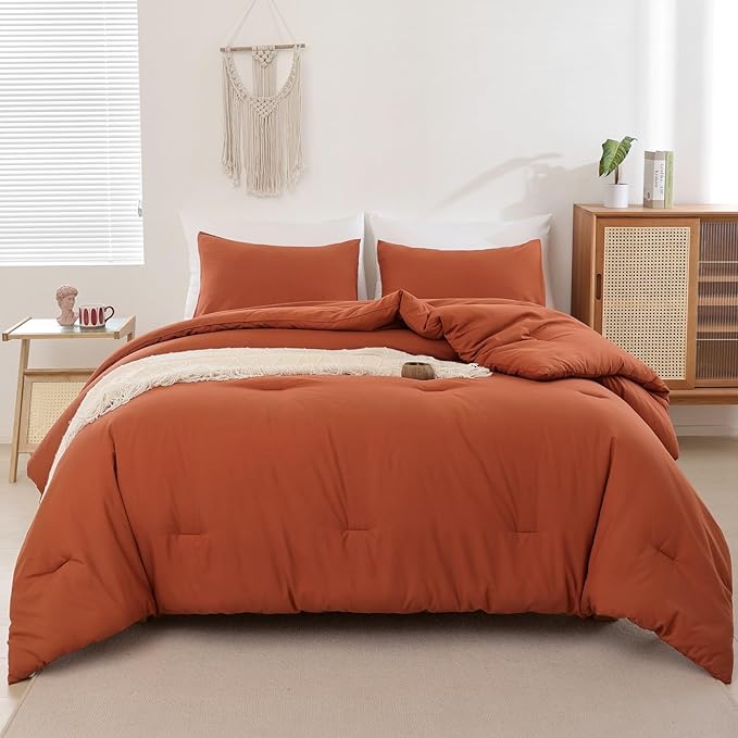 ROSGONIA King Size Comforter Set Burnt Orange,3pcs(1 Terracotta Comforter & 2 Pillowcases) Lightweight Boho Rust Fall Bedding Blanket All Season Quilt - LeafyLoom