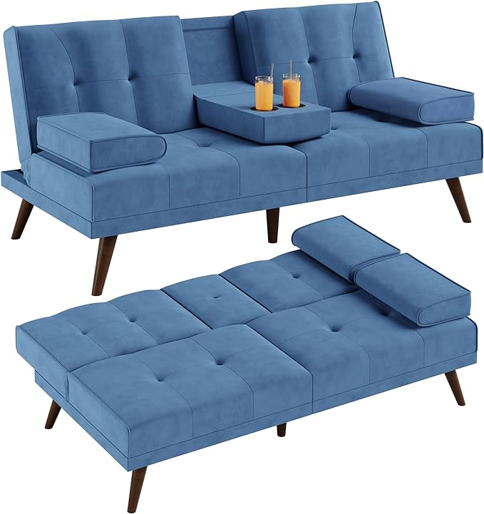 Shintenchi Futon Sofa Bed, Convertible Couch Bed Loveseat, Modern Futon Recliner Sleeper, Small Lazy Futon Set for Living Room, Office, Apartment, Blue - LeafyLoom