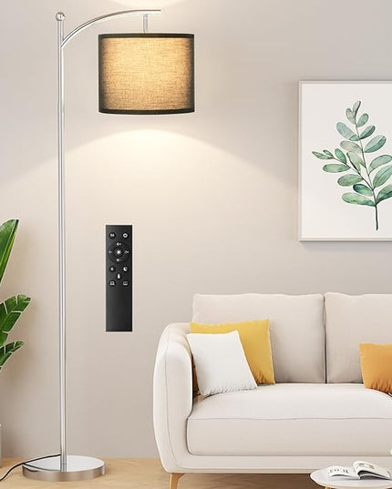 Ambimall Floor Lamp with Remote Control and Stepless Dimmable Bulb, Colors Temperature & Brightness Adjustable, Modern Floor Lamps for Living Room（Black Shade & Silver Pole） - LeafyLoom