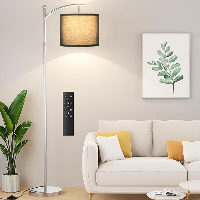 Ambimall Floor Lamp with Remote Control and Stepless Dimmable Bulb, Colors Temperature & Brightness Adjustable, Modern Floor Lamps for Living Room（Black Shade & Silver Pole） - LeafyLoom