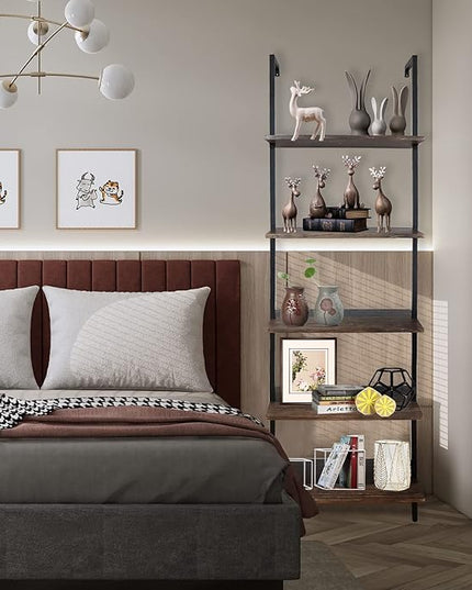 5 Tiers Ladder Shelf Brown Modern Bookshelf Open Tall Wall Mount Bookcase Standing Leaning Wall Shelves Industrial Decorative Living Room Bed Room - LeafyLoom